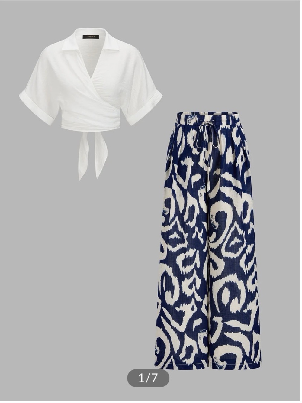 Commense 2-PC Set White Wrap Crop Top with Navy Printed Wide-Leg Pants